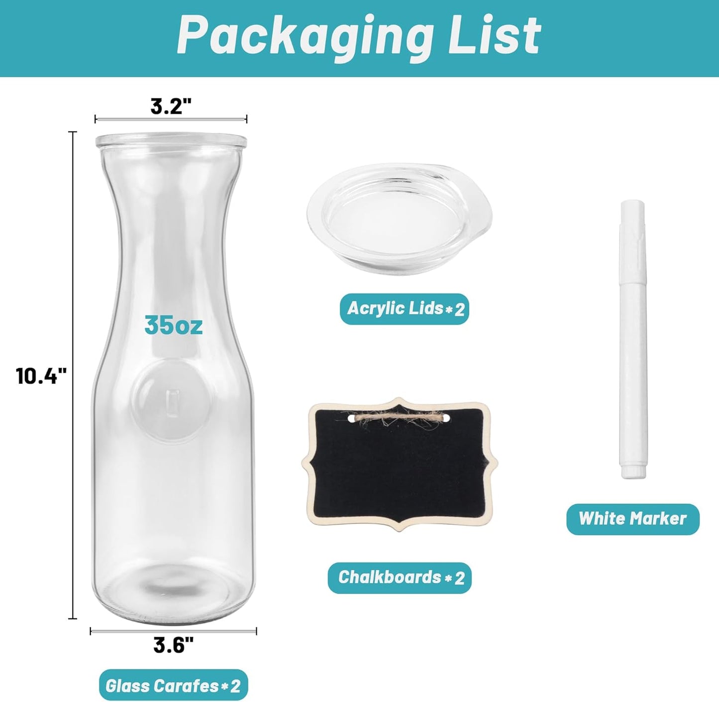 Glass Carafe with Acrylic Lid,35 Oz Beverage Dispensers Carafe,Mimosa Bar Supplies,Clear Glass Pitcher with Name Labels for Iced Tea,Coffee,Juice(Set of 2)