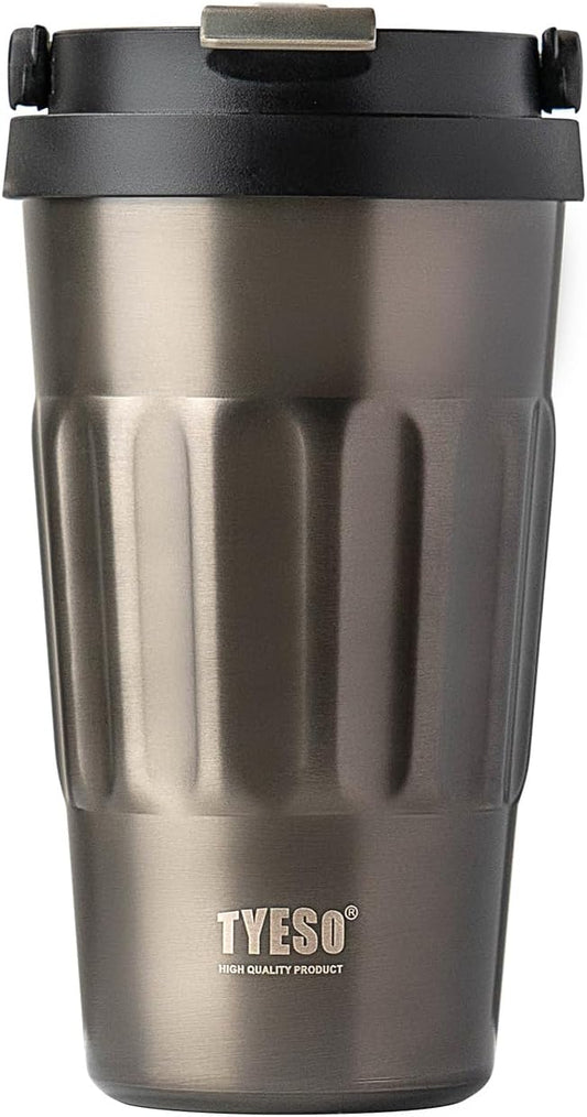 TYESO Stainless Steel Portable Tumbler with Flip Lid,Travel Mug with Concealed Carry Handle, Leakproof Insulated Coffee Cup (GRAY, 17 OZ)