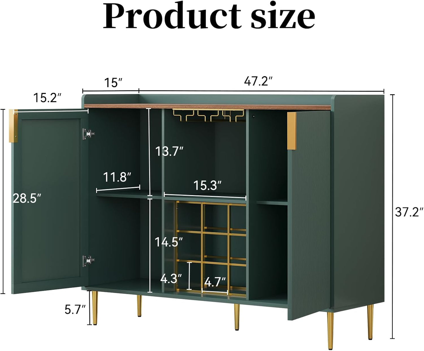 ARTPOWER 48" Wine Bar Cabinet with Fluted Texture, Modern Buffet Sideboard with Wine Rack and Glass Holder, Liquor Coffee Station with Storage for Kitchen, Living Room, Home Bar, Green