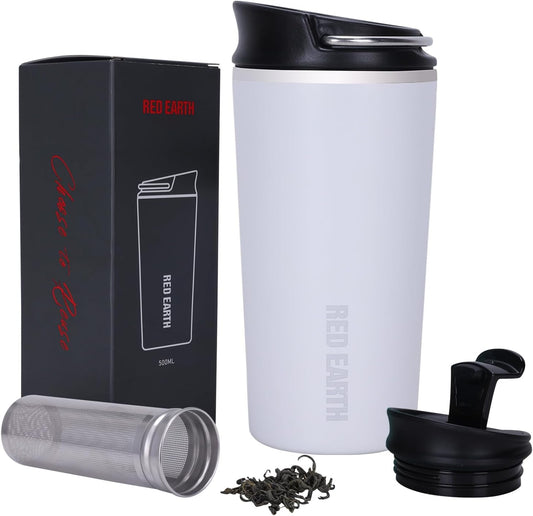 GiNT 17oz Travel Mug with Infuser and Two Lids. Vacuum Insulated 316 Stainless Steel Coffee Mug. Dishwasher Safe Mug with Tea Strainer for Hot and Cold Brew Coffee or Tea(White)