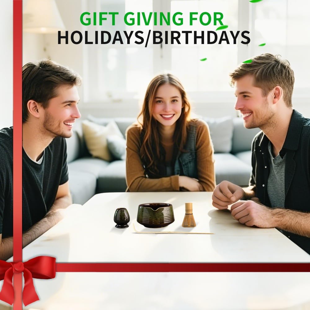 Traditional Matcha Tea Ceremony Tools, 4 Pcs Bamboo Matcha Whisk Set and Matcha Bowl with Spout and Whisk for Ceremony, Gift-Ready Presentation