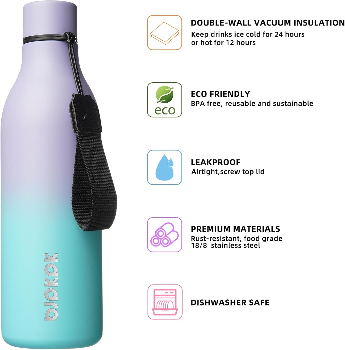 BJPKPK Insulated Water Bottles, 25 oz Stainless Steel Metal Water Bottle with Strap, BPA Free Leak Proof Thermos, Mugs, Flasks, Reusable Thermos for Sports & Travel, Lavender Mint