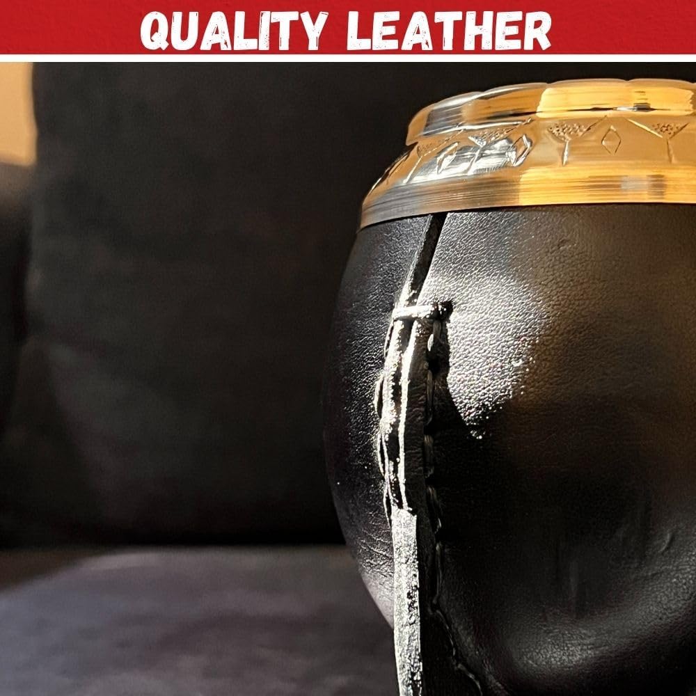 Hide & Smile Torpedo Premium Handmade Mate Kit, pumpkin and leather Cup And Bombilla Set, Authentic Argentine Mate Gourd Tea, Includes Straw, Souvenir from Argentina, Original Design (Black)