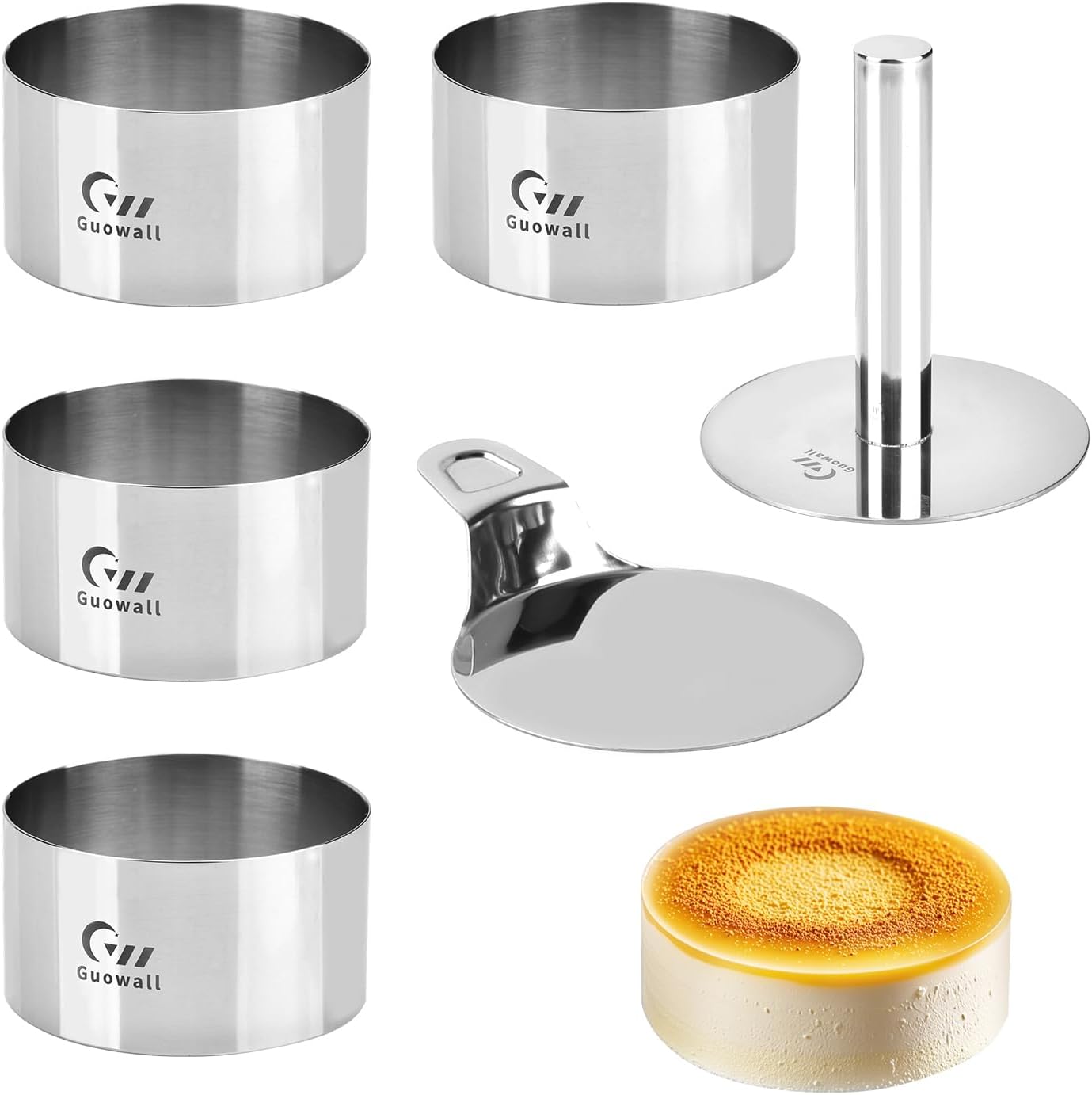 Guowall 4 pack Seamless Mousse Cake Ring set Stainless Steel 4 inch Round Food Mold Dessert Cutter for Baking (Includes 1 Lifter, 1 Pusher and 4 Rings)
