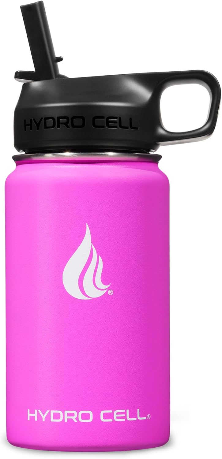 HYDRO CELL Stainless Steel Insulated Water Bottle with Straw - For Cold & Hot Drinks - Metal Vacuum Flask with Screw Cap and Modern Leakproof Sport Thermos for Adults (Fuchsia 14oz)