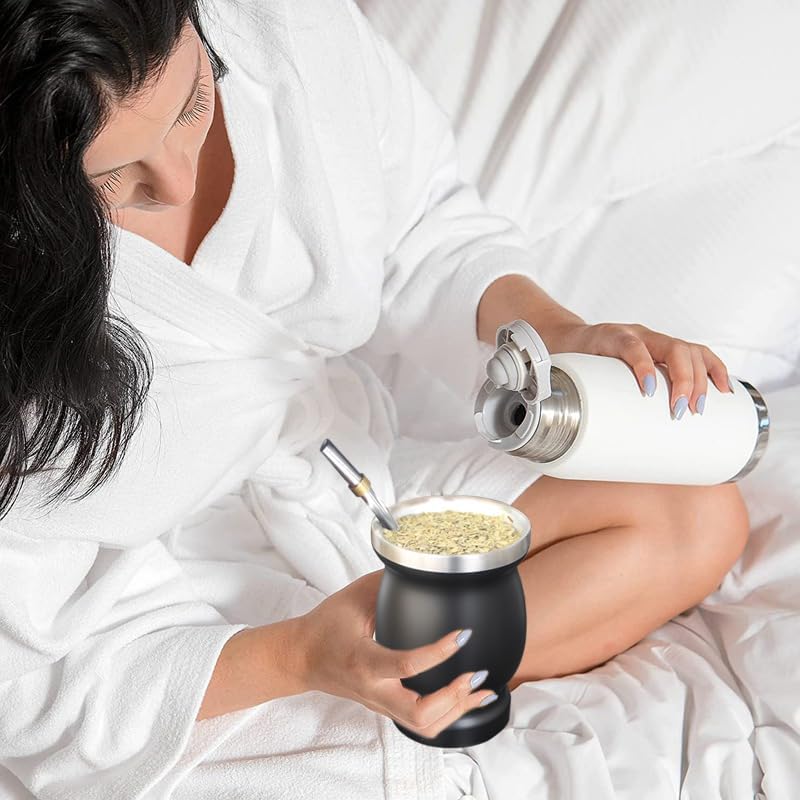 Beruth 8oz Yerba Mate Cup Set, Double Wall 304 Stainless Steel Mate Gourd, Heat Insulated Mug & Anti-Scalding Design, Includes 2 Bombillas & Cleaning Brush （Black）