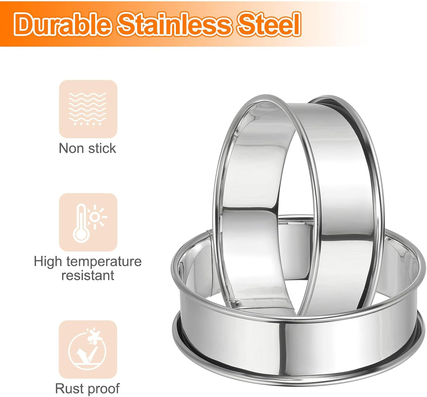 HARFINGTON 8pcs Crumpet Rings 3.15" Nonstick Round Cake Ring Stainless Steel Double Rolled English Pastry Rings for Kitchen Baking Crumpet Dessert, Silver