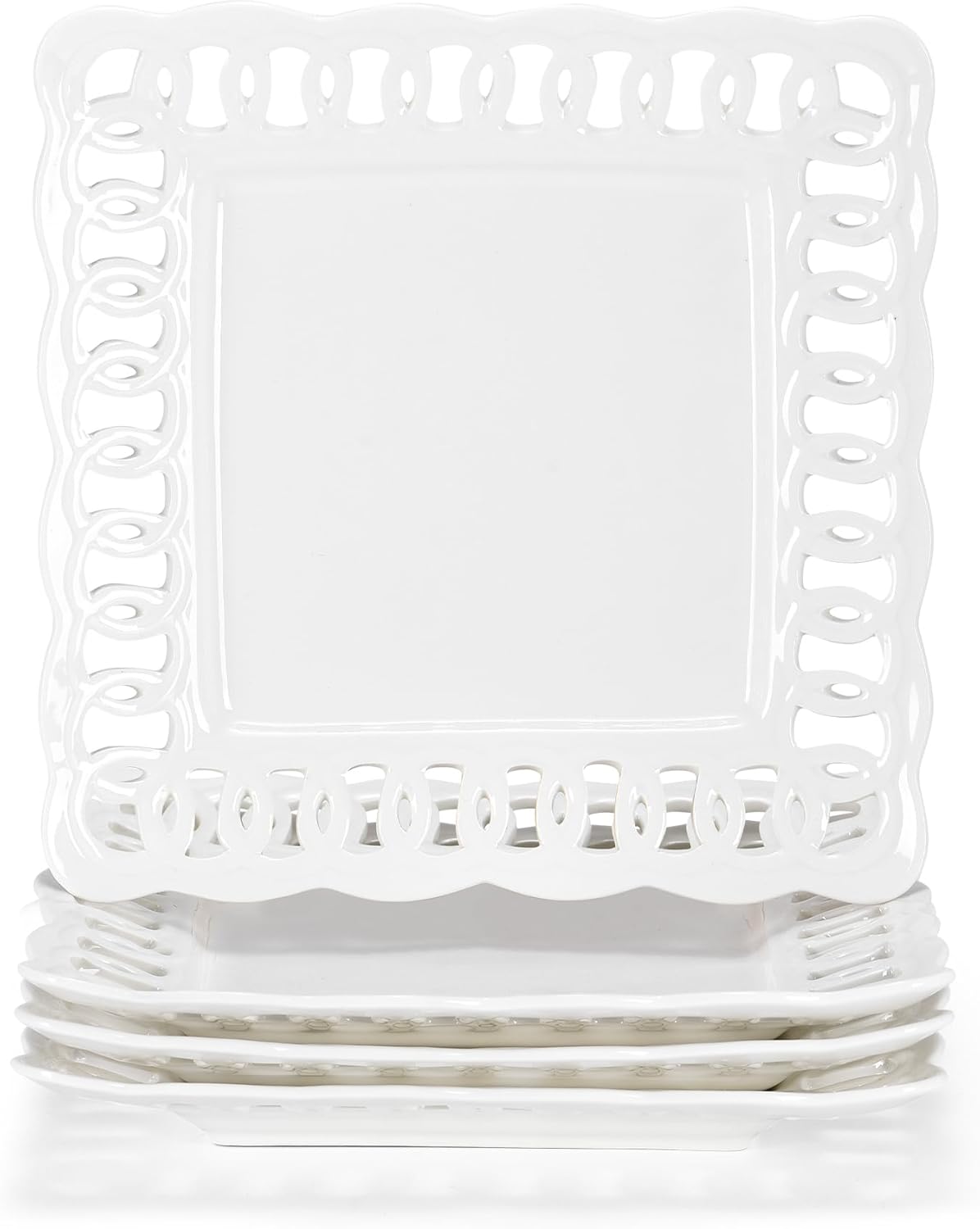 Ceramic Square Dinner Plates, 11 inch Square Serving Plate Set of 4 for Steak Pasta Salad Snacks Pizza Appetizer, New Bone Porcelain Plates with Lace Rim, Party Wedding Birthday Christmas Gift, White