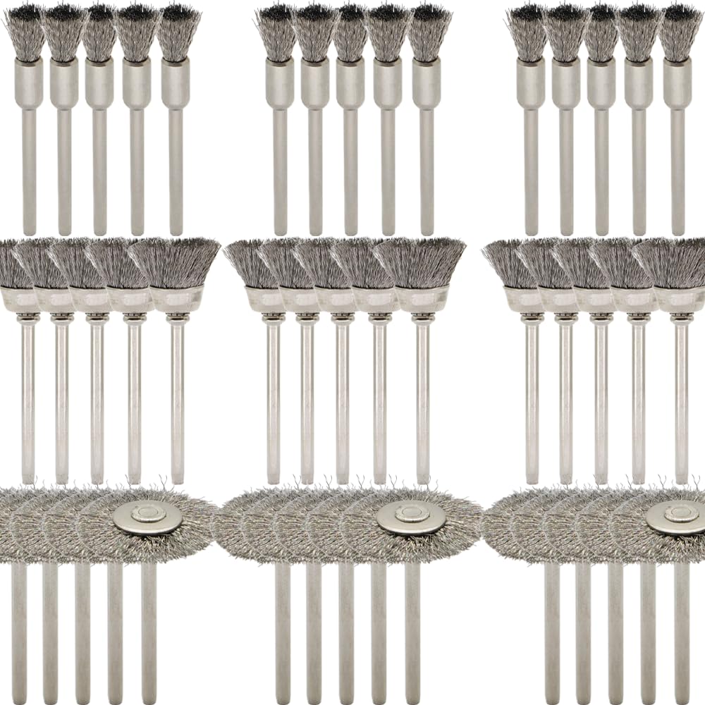 45-Piece Wire Brush Set - Metal Rust Removal, Polishing, Cleaning - Shaft 1/8″ (3mm) - Removes Burrs, Dust, and Oxide Layer - Handles Rough Surfaces - Designed for Industrial and DIY Enthusiasts