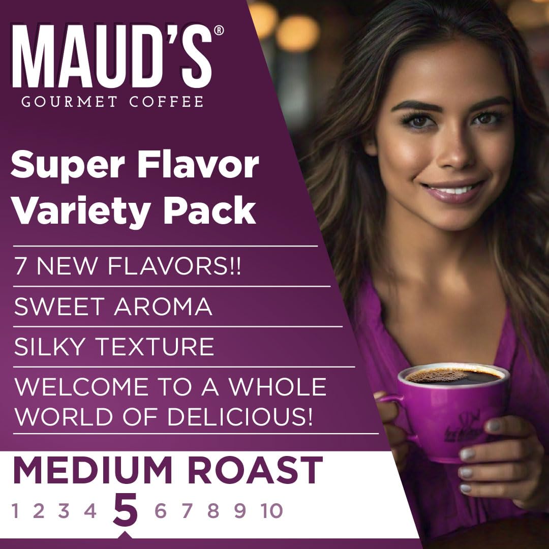 Maud's Super Flavored Coffee Pods Variety Pack, 80 ct, 16 Assorted Flavors, Medium Roast Flavored Coffee in Recyclable Single Serve Pods – 100% Arabica Beans, Compatible with Keurig K Cups Maker