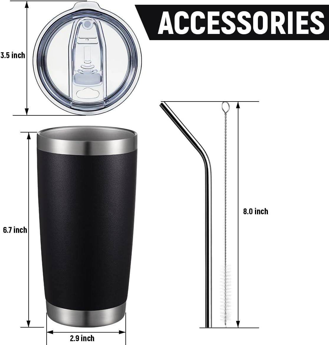 COMOOO 20oz Double Wall Vacuum Insulated Travel Mug, Stainless Steel Tumbler with Lid and Straw Durable Powder Coated Insulated Coffee Cup for Cold & Hot Drinks (Black. 2 pack