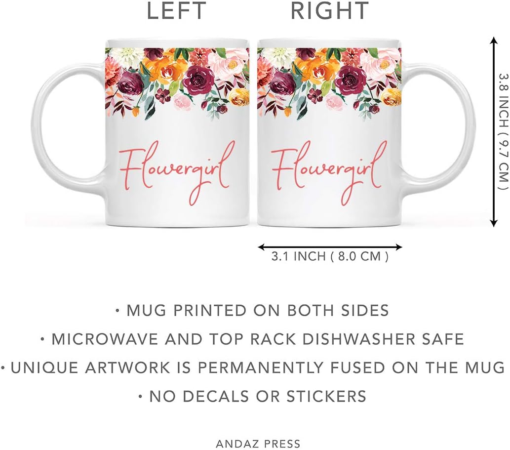 Andaz Press 11oz. Wedding Ceramic Coffee Tea Mug Gift, Fall Autumn Burgundy Orange Peach Flowers Roses Florals, Flowergirl, 1-Pack, Includes Gift Box