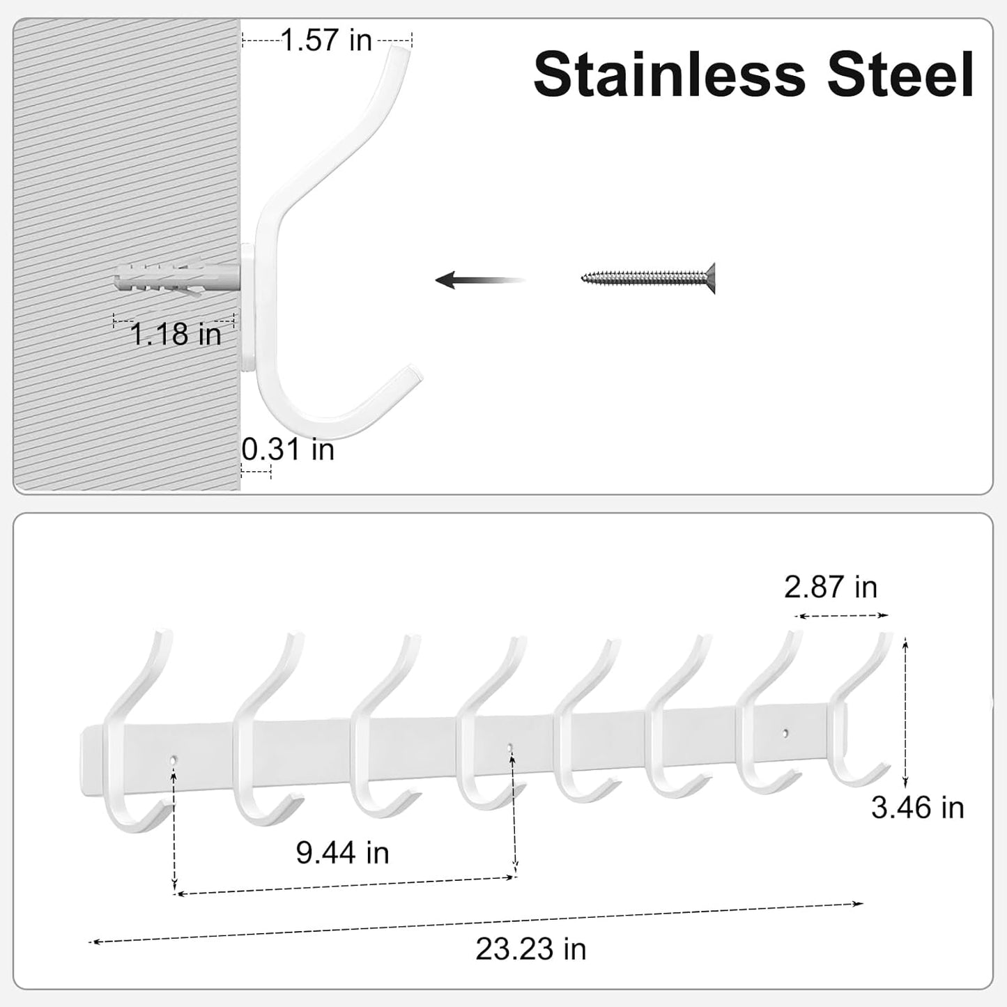 White Wall Hooks Heavy Duty, 23 Inch Coat Hooks Wall Mount with 8 Hooks,2 Packs Wall Hooks Hangers for Entryway, Bathroom - for Hanging Backpack, Bag, Coat, Purse, Hat, Towel, Clothes