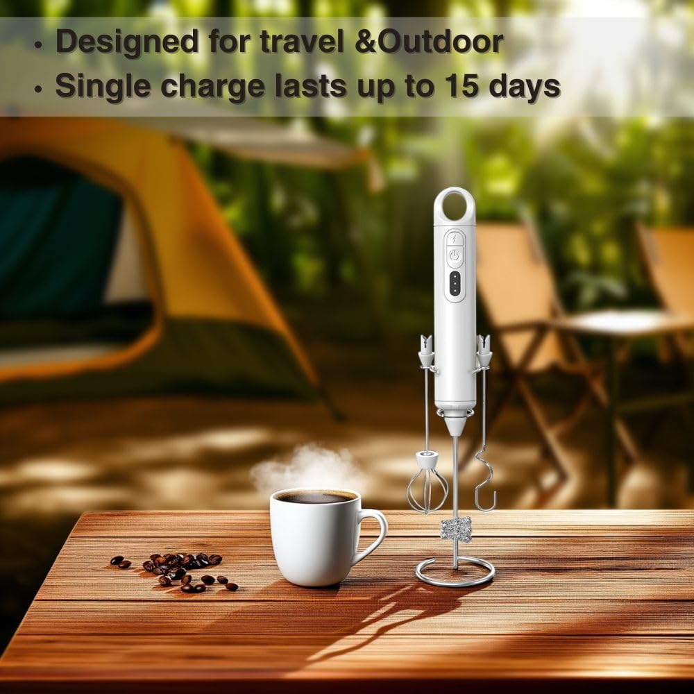 Rechargeable Milk Frother Handheld 3 Speed Coffee Foamer [3 Whisk] Electric Drink Mixer for Latte, Cappuccino, Coffee, Eggs, Hot Chocolate, White