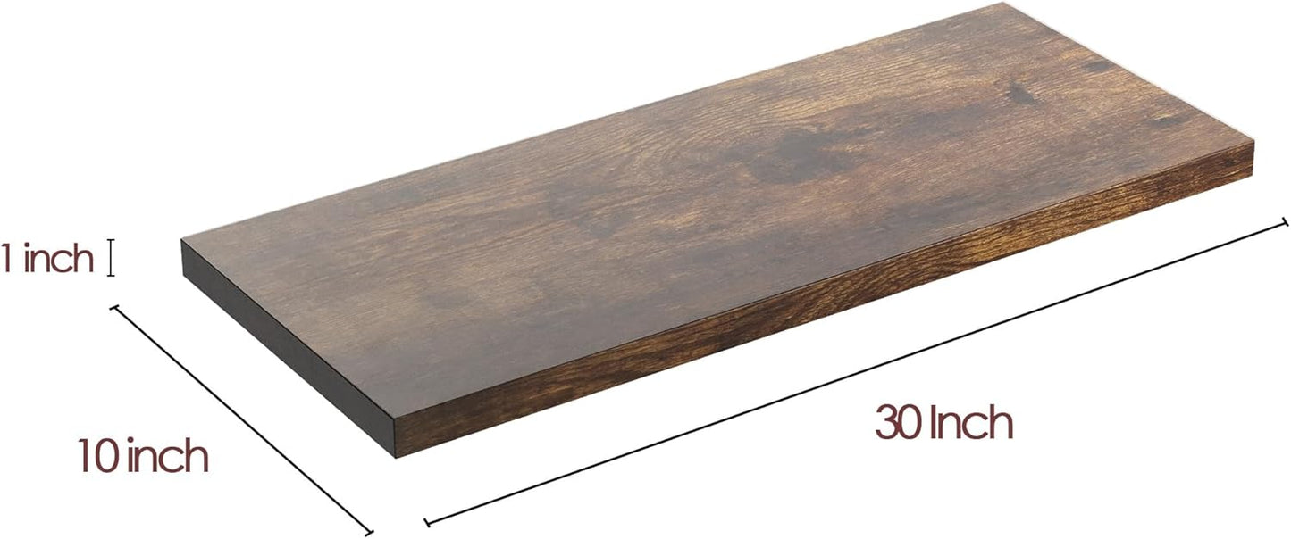 Wall Shelf Set of 2, Rustic Brown Floating Shelves 30 in W x 10 in D x 1 in H, Wooden Floating Wall Shelf with Invisible Brackets for Living Room/Bedroom/Bathroom/Kitchen Storage and Decor