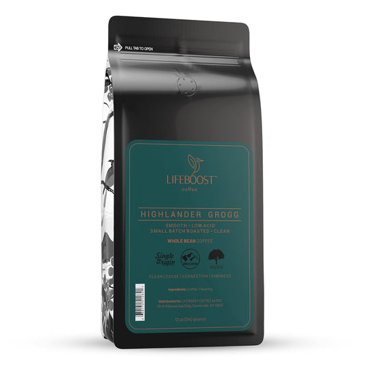 Lifeboost Highlander Grogg Whole Bean Coffee - Non-GMO Low Acid Single Origin Flavored Coffee Beans - Third Party Tested For Mycotoxins & Pesticides - 12 Ounces