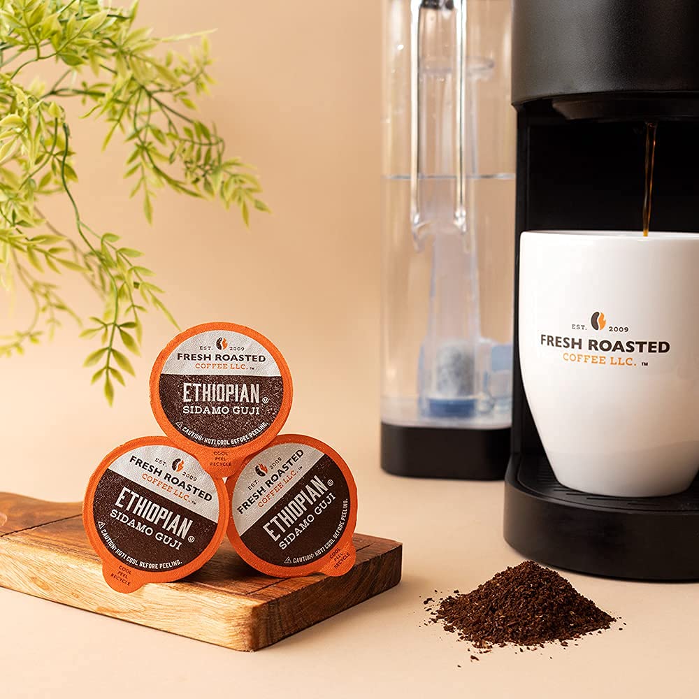 Fresh Roasted Coffee, Organic Ethiopian Sidamo Natural | USDA Organic, 100% Single Origin, Kosher | Light Roast 72 Pods for K Cup Brewers