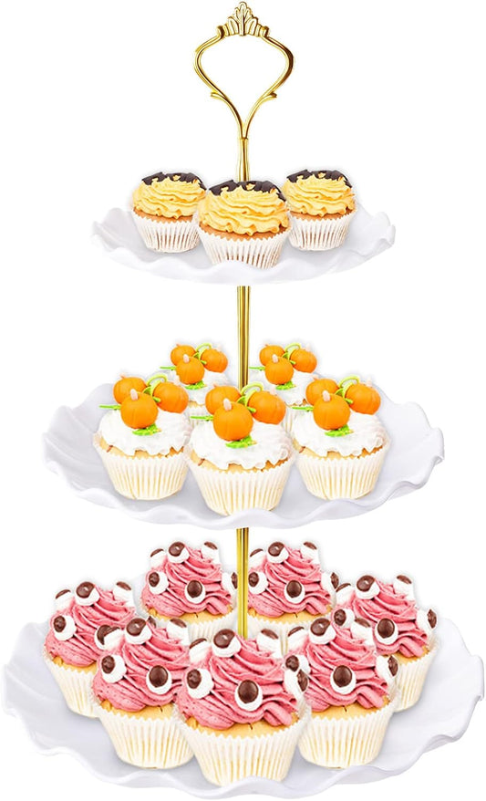 3 Tier Cupcake Stand Holder, Plastic Cup Cake Stand Towel with Tiered Serving Tray for Cupcakes, Donuts, Fruits and More, White (White)