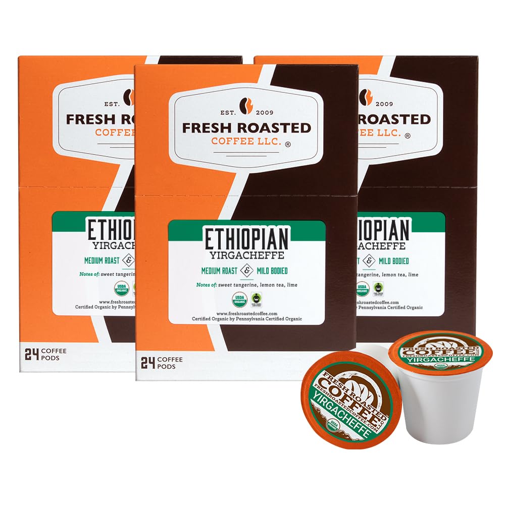Fresh Roasted Coffee, Organic Ethiopian Yirgacheffe | USDA Organic, Mold & Myco 3rd Party Tested, Kosher | 72 Pods for K Cup Brewers