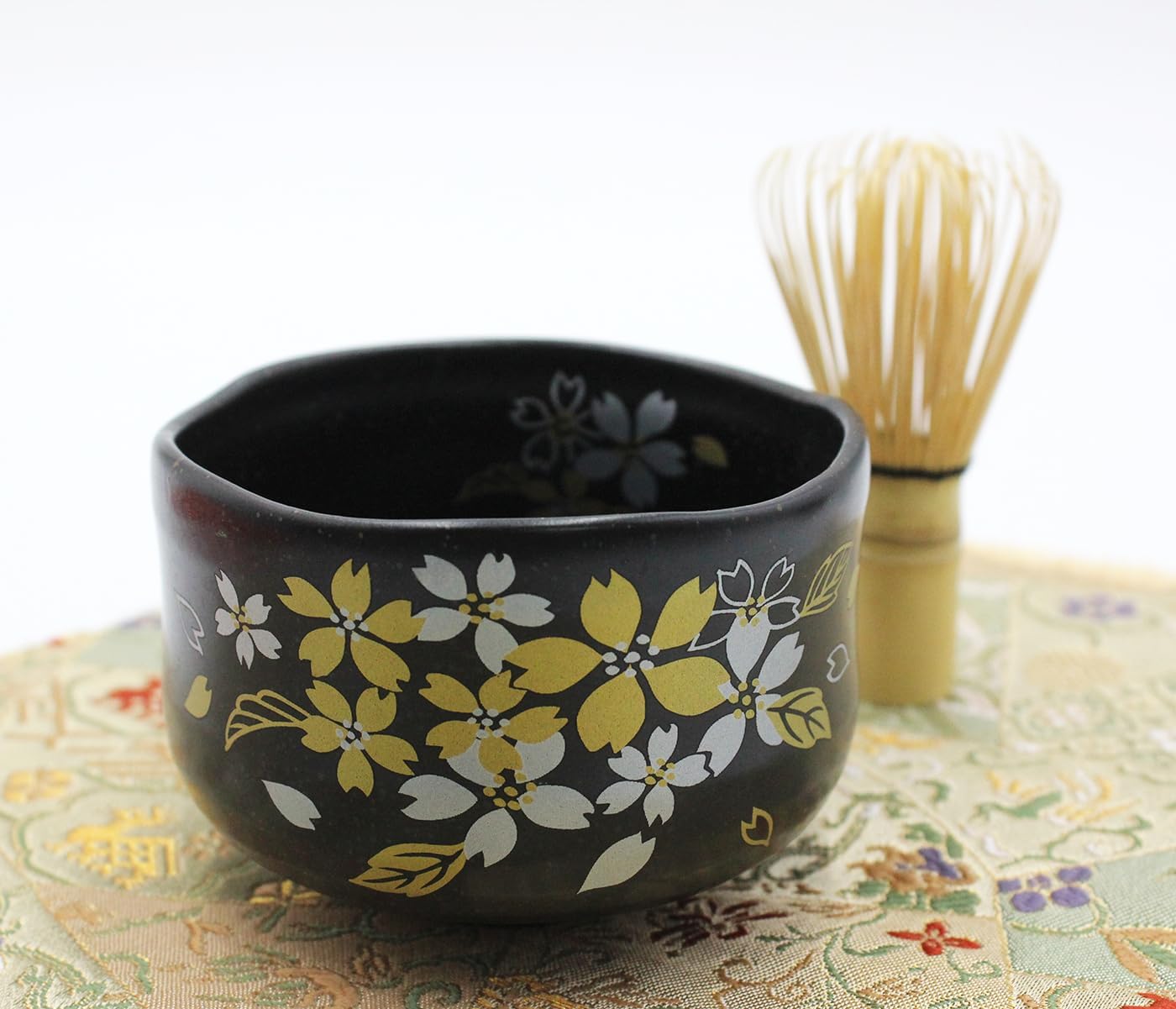 Japanese Traditional Mino Ware Handcrafted Mini Matcha Chawan Tea Bowl Cup Set With Chasen Bamboo Tea Whisk Ceremony Tableware Pottery (Tenmoku Sakura)