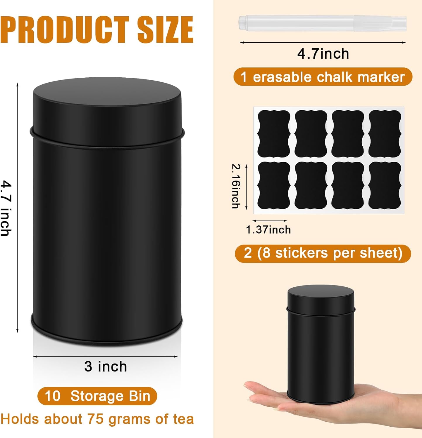 Tanlade 10 Pcs Tea Tin Canister Metal Round Can with Airtight Lid Double Sealed Tea Tin Canisters, with 1 Erasable Chalk Marker and 16 Stickers for Loose Leaf Coffee Sugar, 16 oz
