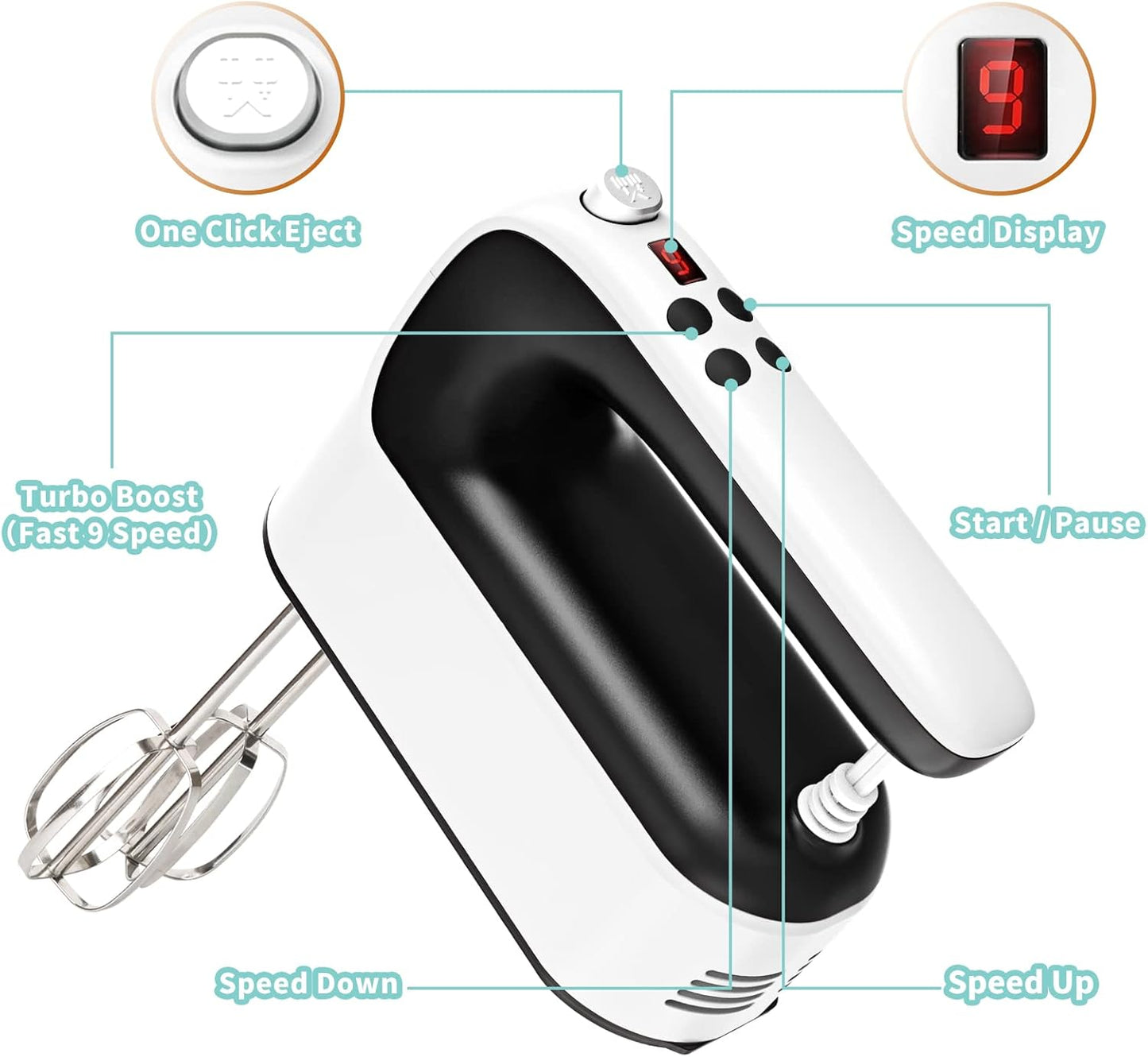 9-Speed Digital Hand Mixer Electric, 400W Powerful DC Motor, Baking Mixer Handheld with Snap-On Storage Case, 5 Stainless Steel Accessories, Flat Beaters, Dough Hooks, Whisk (White & Black)