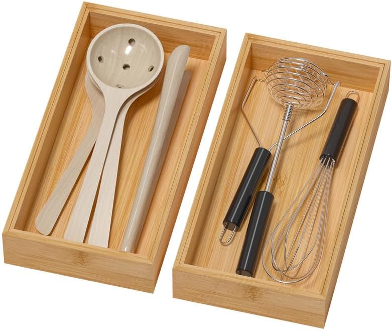Bamboo Drawer Organizer - Silverware & Utensil Organizer, Stackable, 2 Pcs, Wooden Storage Box Tray (Bamboo, 12 X 6 X 2 Inch)