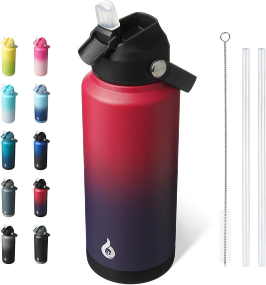 BJPKPK Water Bottle with Straw Lid, 32oz Vacuum Insulated Water Bottles, Metal Stainless Steel Thermos for Sports, Travel, BPA Free Leak Proof Thermos, Cups, Flasks, Tumblers,Charming Red