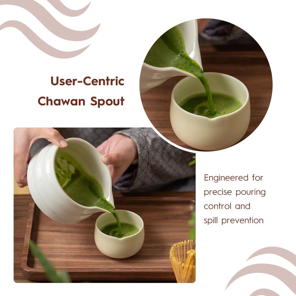 7 Pcs Matcha Set - Ceramic Bowl, Bamboo Whisk with Holder, Sifter, Schima Spoon, Spoon Rest and Tea Towel, Complete Kit for Traditional Matcha and Modern Lattes (White)