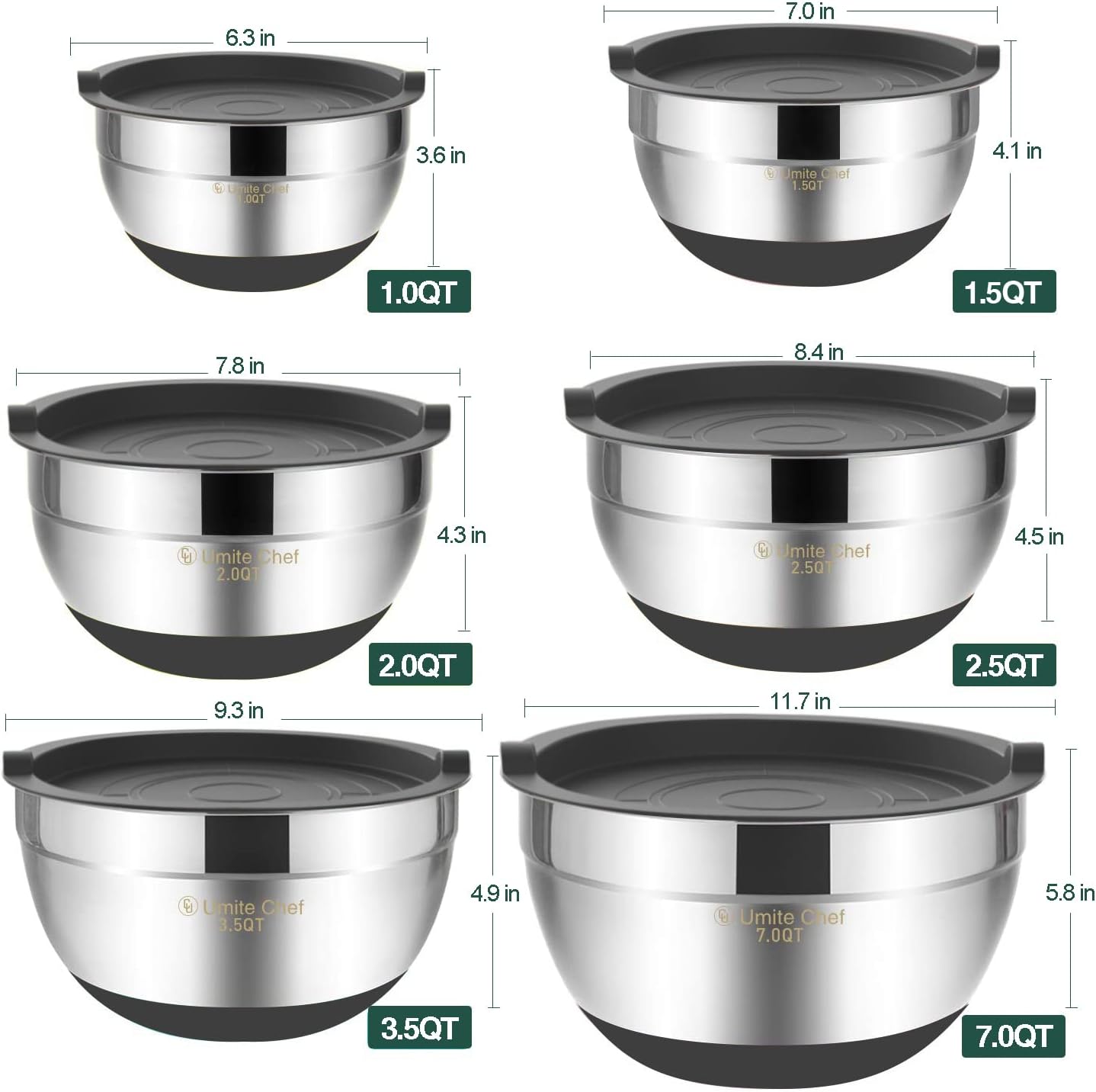 Umite Chef Mixing Bowls with Airtight Lids，6 piece Stainless Steel Metal Nesting Storage Bowls, Non-Slip Bottoms Size 7, 3.5, 2.5, 2.0,1.5, 1QT, Great for Mixing & Serving(Grey)