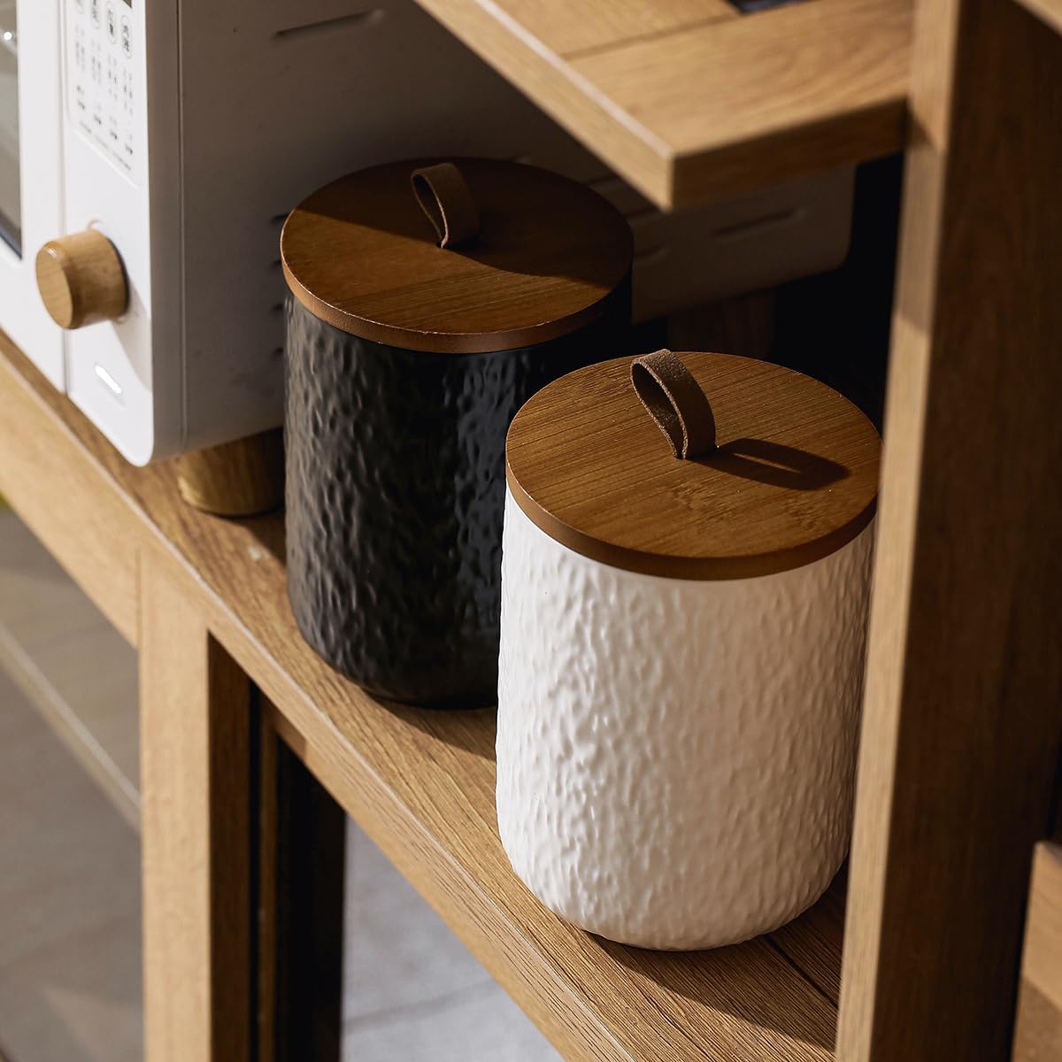 Black White Ceramic Coffee Canister Tea Canister with Seal Wood Lid, Airtight Coffee Storage Container for Coffee Bean, Ground Coffee, Sugar, Cookie Candy jar (White, 1300ml)