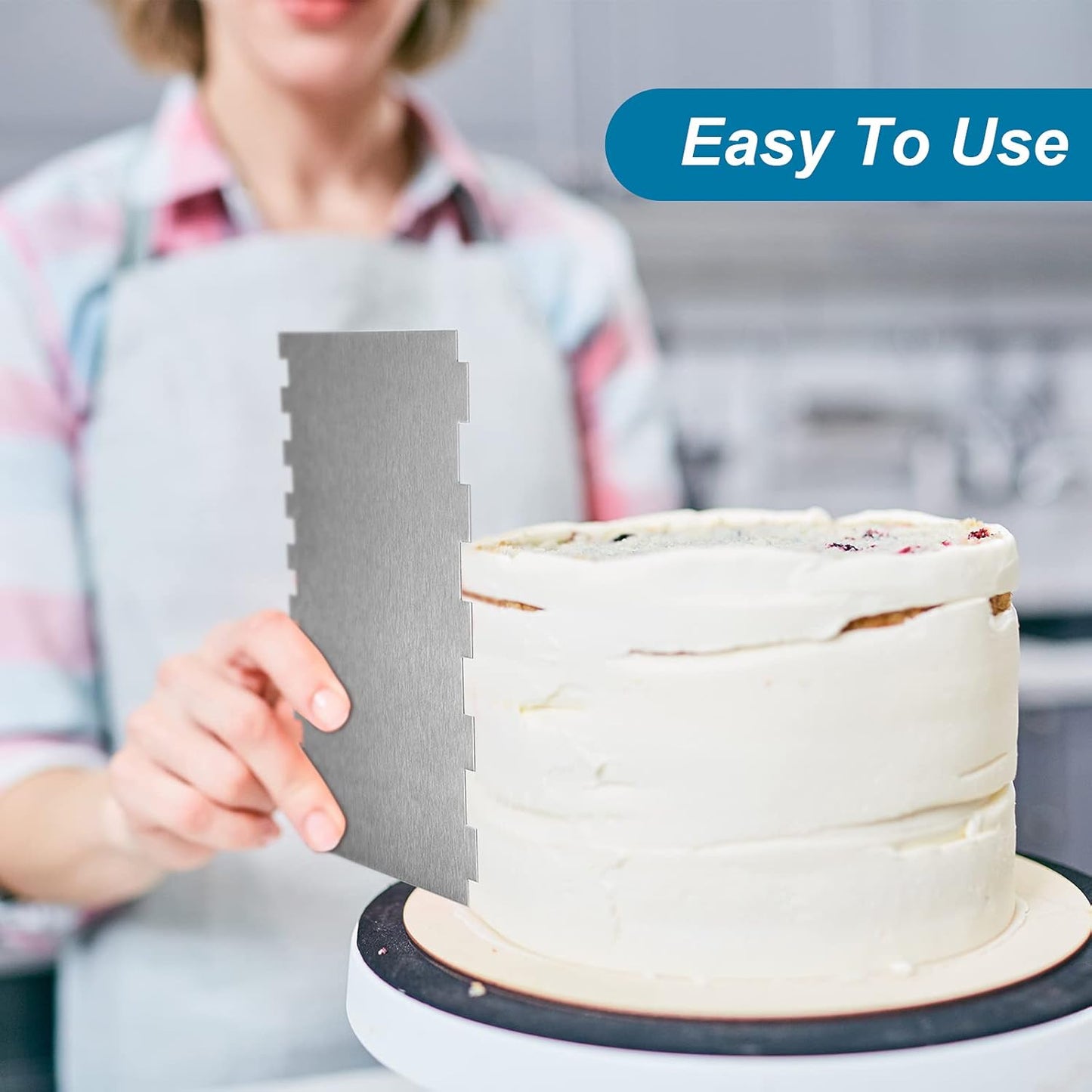 3 Pieces Stainless Steel Cake Scraper 10 Inch and 9 Inch Large Double Sided Patterned Edge Stripe Edge Smoother Scraper Cake Decorating Comb Pastry Cutter for Butter Mousse Cream Decoration