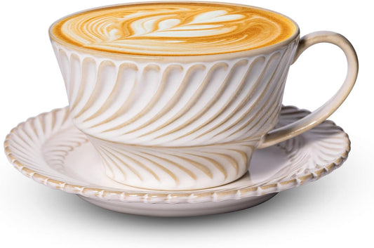 Ceramic Latte Cup with Saucer, 12 OZ Cappuccino Cup Vintage Cafe Art Cups for Espresso Turkish Coffee, Farmhouse Latte Mugs Tea Cups and Saucers Porcelain Set for Baristas Great Gift