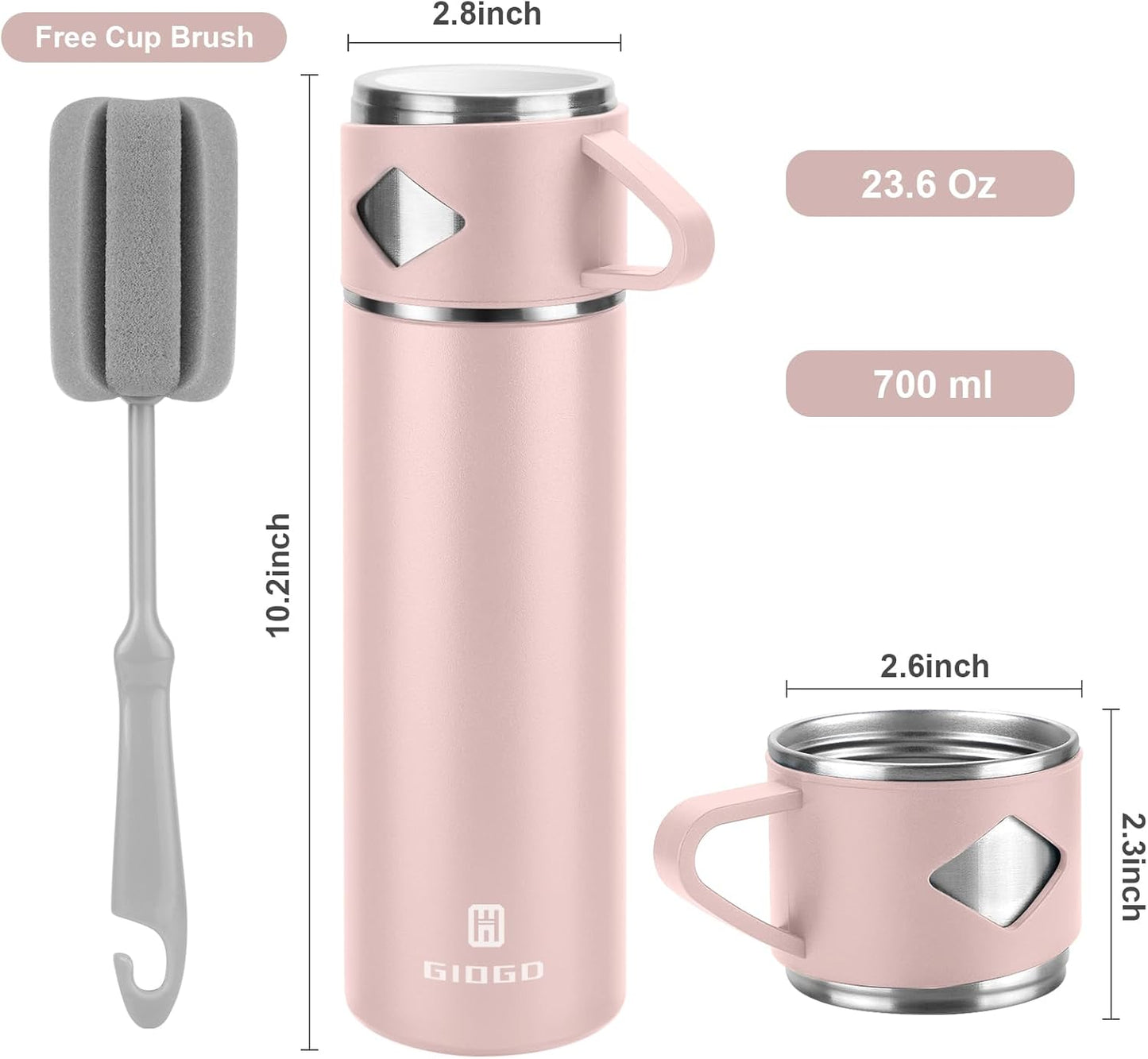 Stainless Steel Thermo 700ml/23.7oz Vacuum Insulated Bottle with Cup for Coffee Hot drink and Cold drink water flask.(Pink,Single)