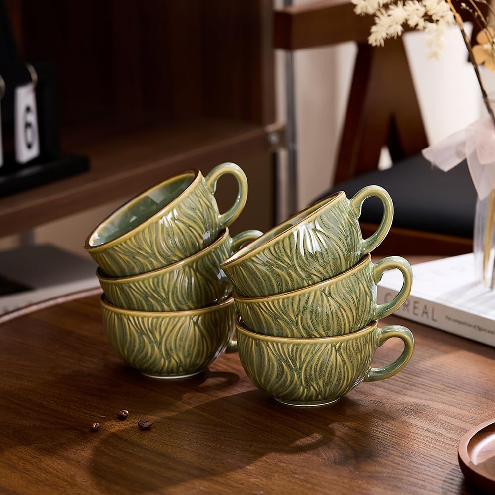 Set of 6 Vintage Design 12 oz Professional Barista Ceramic Latte Art Cappuccino Cups Set (Wave Green)