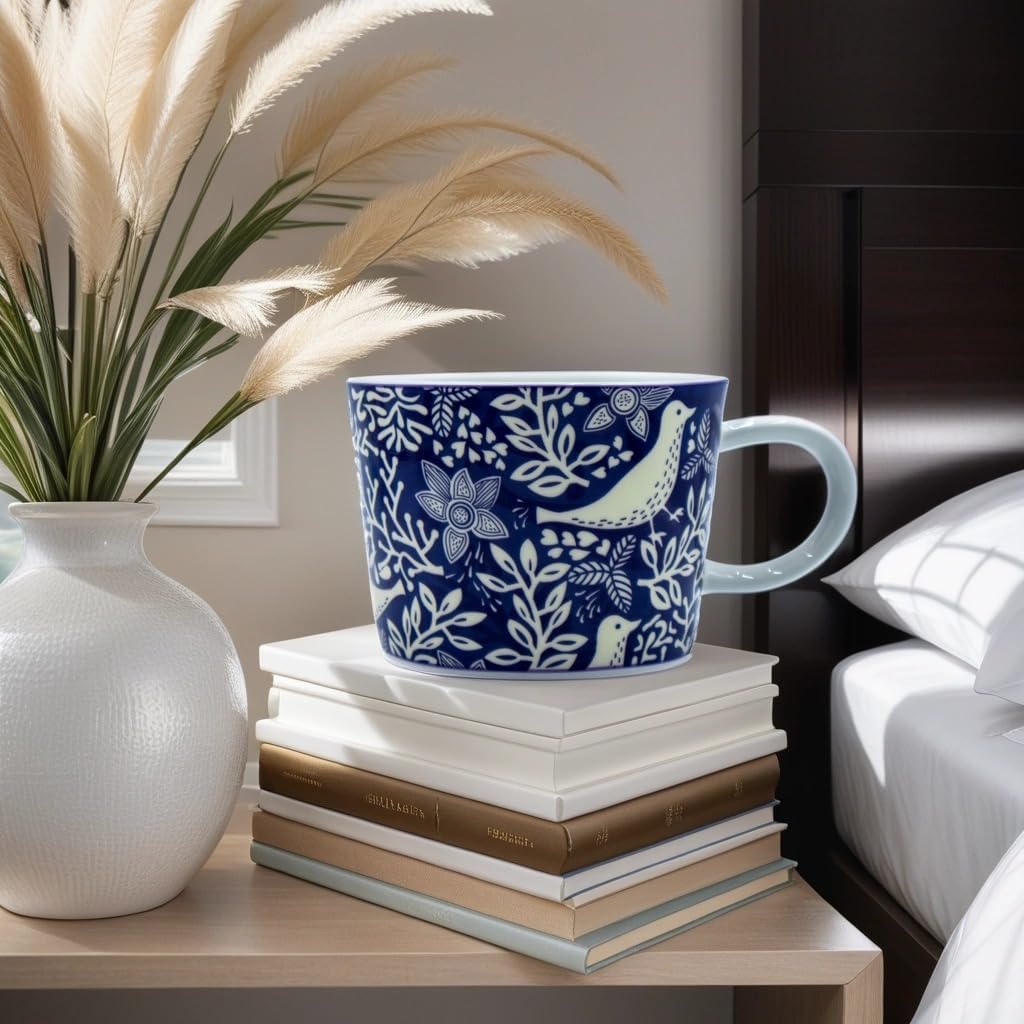 11 oz Mugs Set of 4 Porcelain Coffee Mugs Flower Mug Handle Oatmeal Milk Breakfast cup Painted Bone China Round Coffee cup