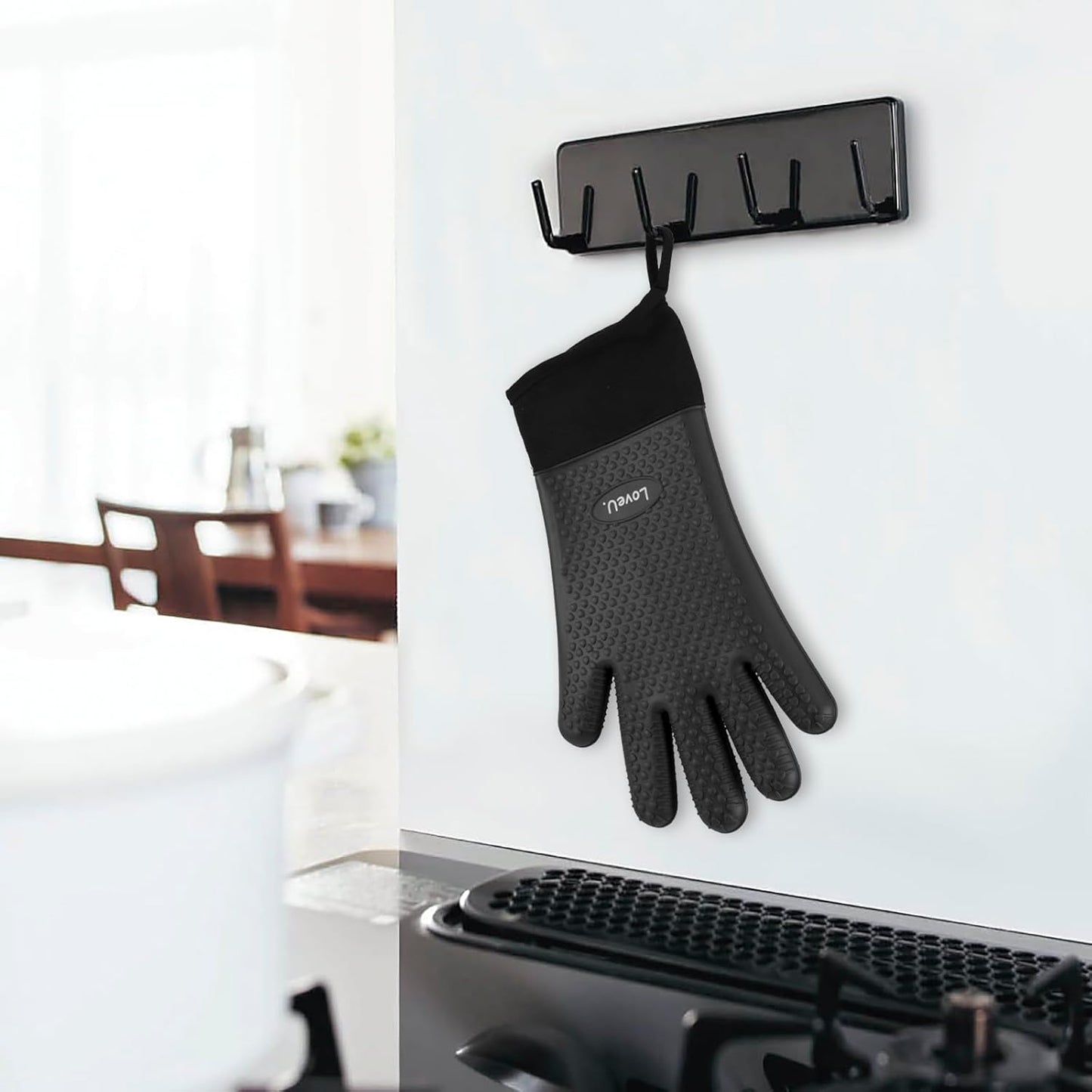 Kitchen Oven Gloves - Dual-Layer Heat Resistant Grilling Gloves, Silicone Oven Mitts with 5 Fingers, Waterproof Non-Slip Pot Holder for Barbecue, Cooking, Baking (XL-XXXL, Black Long)