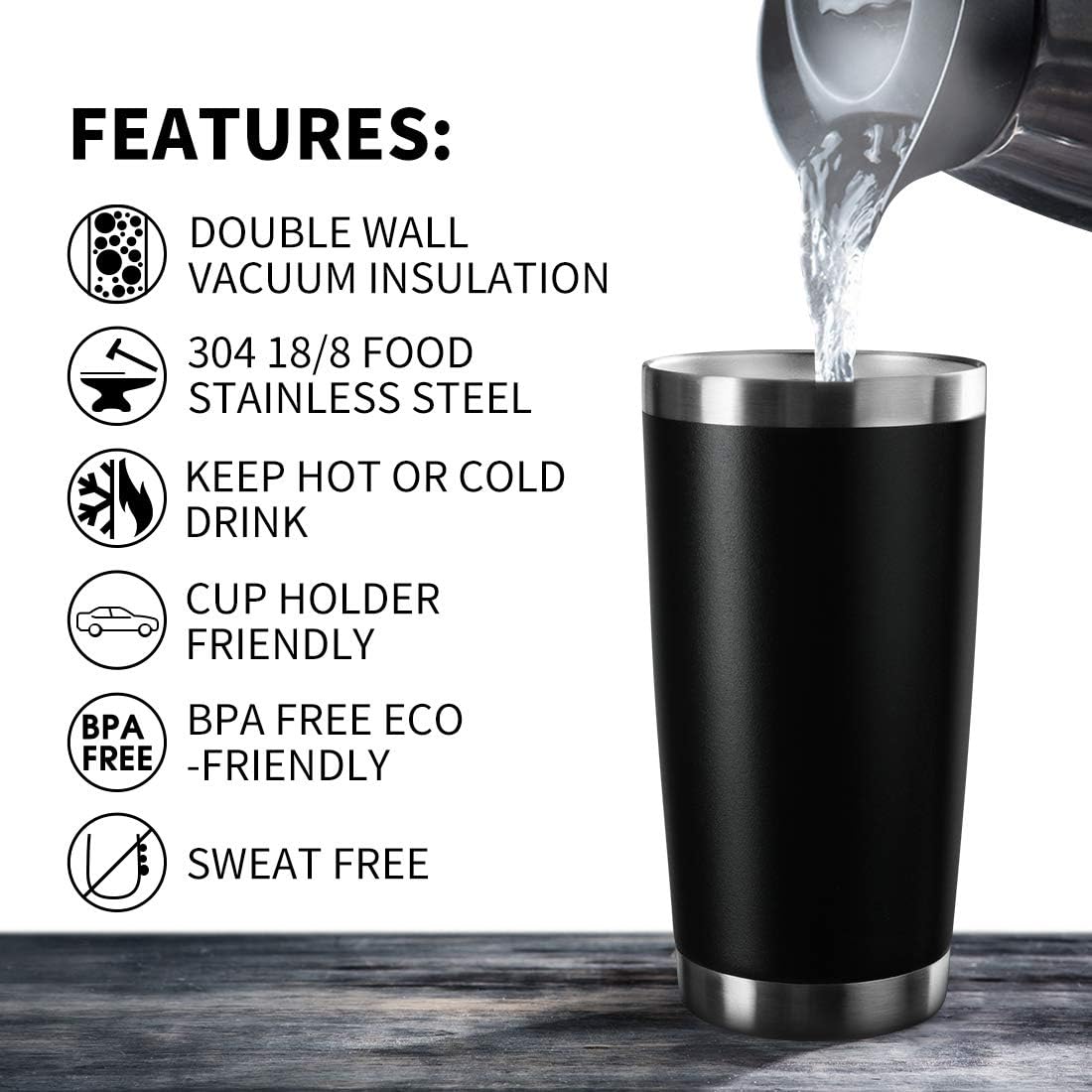 20oz Tumbler Bulk Stainless Steel Vacuum Insulated Tumblers with Lid Double Wall Travel Mug Durable Powder Coated Coffee Cup, Suitable for Ice Drinks and Hot Beverage (Black 6pack)
