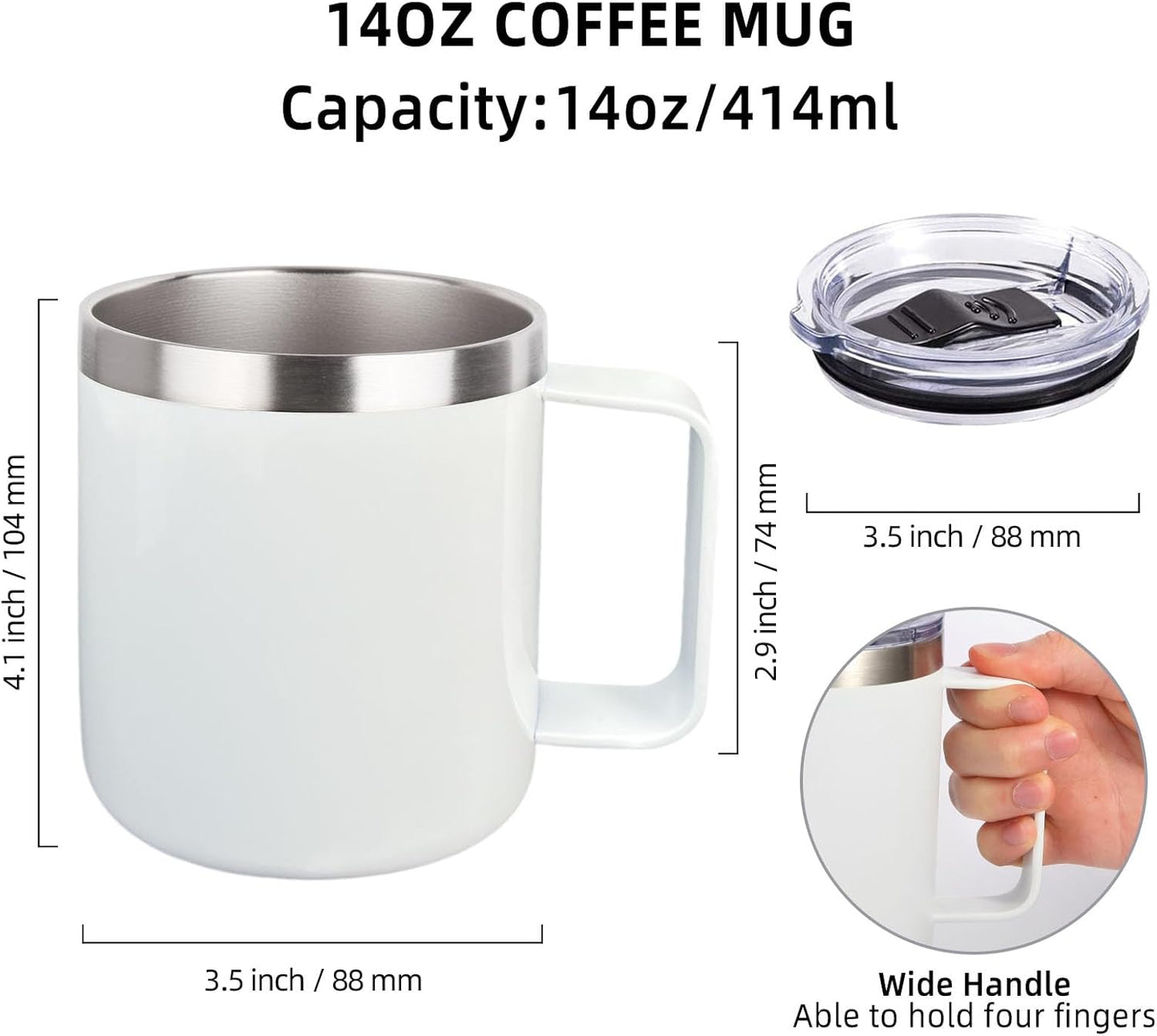 Volhoply 14oz sublimation Insulated Stainless Steel Coffee Mug with Lid Bulk 8 Pack,Double Wall Vacuum Travel Coffee Cup with Handle,Reusable Metal Cups Tumbler,Camping Mugs(Sublimation,8)