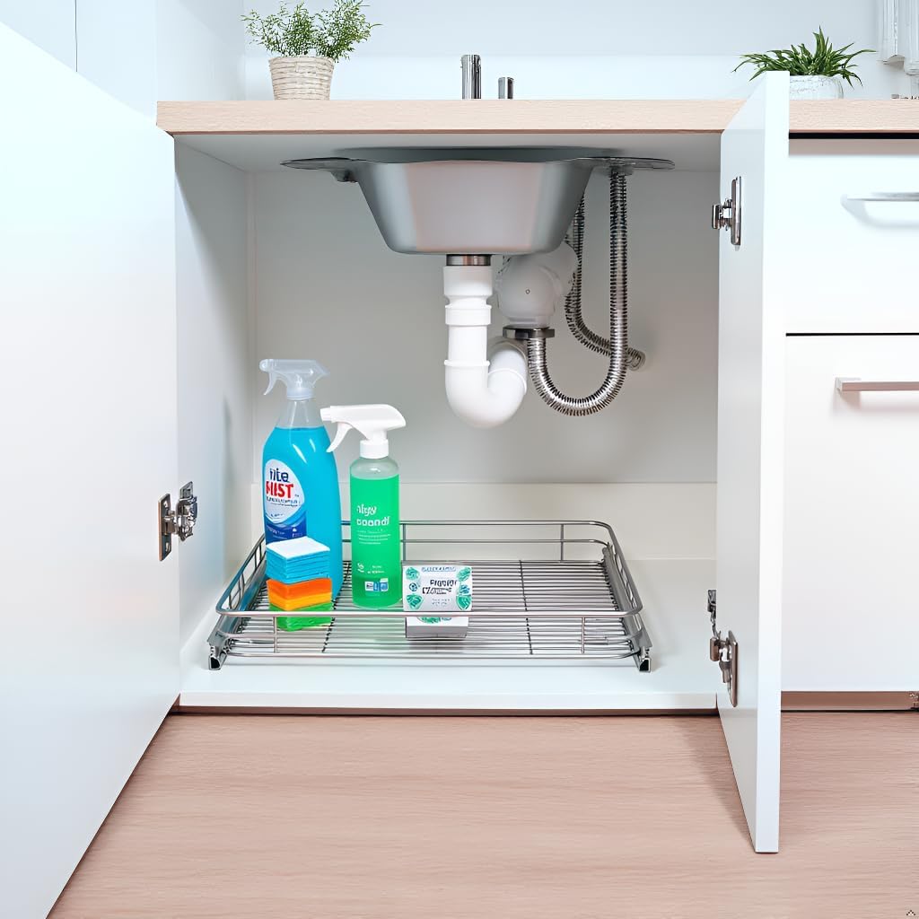 Sliding Cabinet Organizer Pull Out Shelves (11"W x 21"D), Heavy-Duty Slide Out Shelf, Steel Metal Cabinet Roll Out Shelves for Kitchen Bathroom, Chrome