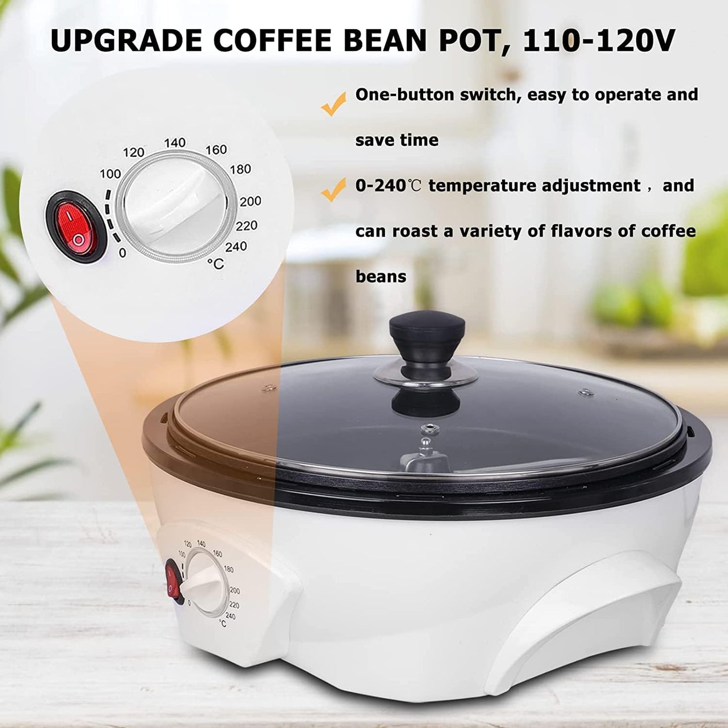 JIAWANSHUN Electric Coffee Roaster Machine 500g Coffee Bean Roaster 0-240℃ Non-Stick Home Peanut Beans Roaster 1200W 110V