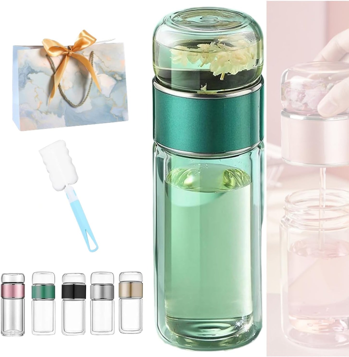 Tryteava Glass Infuser, Tryteava 3-in-1 Smart Tea Infuser, Portable Glass Double Wall Tea Infusers Bottle, with Stainless Steel Filter, Hot & Cold Brew, For Loose Leaf, Office Home (Green, 420ml)