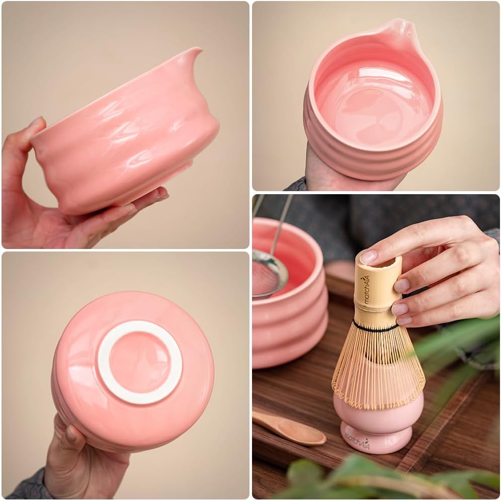 6 Pcs Matcha Set - Ceramic Bowl with Spout, Matcha Whisk with Holder, Tea Powder Canister, Sifter and Spoon, Complete Kit for Traditional Matcha, Modern Lattes, and Tea Ceremonies (Pink)