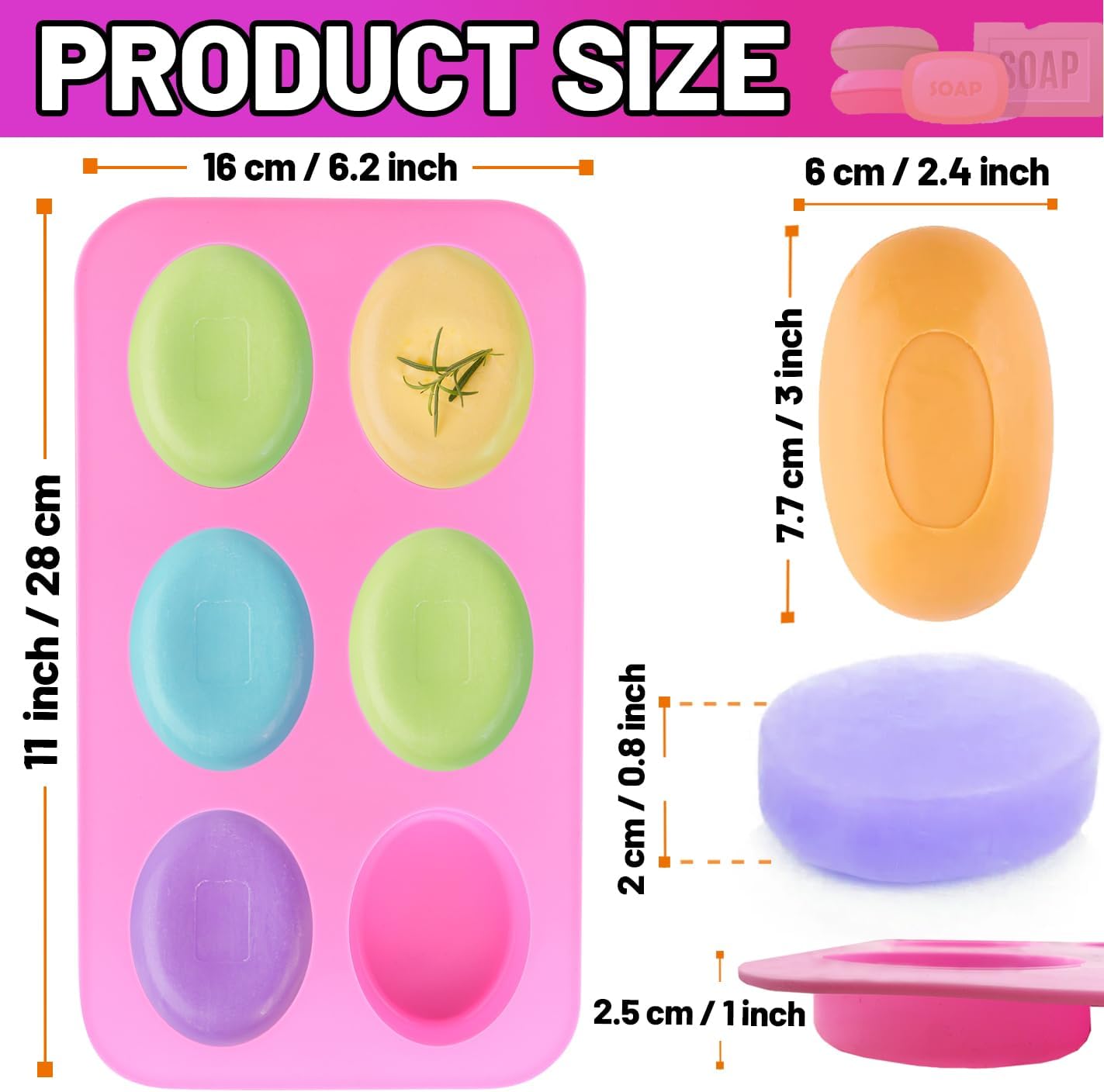 Silicone Soap Molds, Oval & Rectangle Soap Bar Mold, 6 Cavities DIY Mould for Homemade Craft Soap, Pudding, Muffin, Chocolate, Brownie, Cornbread, Cheesecake, Cake & Ice Cube - Just Pop Out