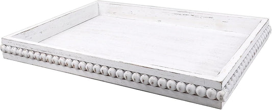 Wood Decorative Coffee Table Serving Tray, Farmhouse Rectangular Tray with Wooden Bead for Ottoman, Entertaining, Home Decor, 15.7”*11.8”*1.57” (Whitewashed)