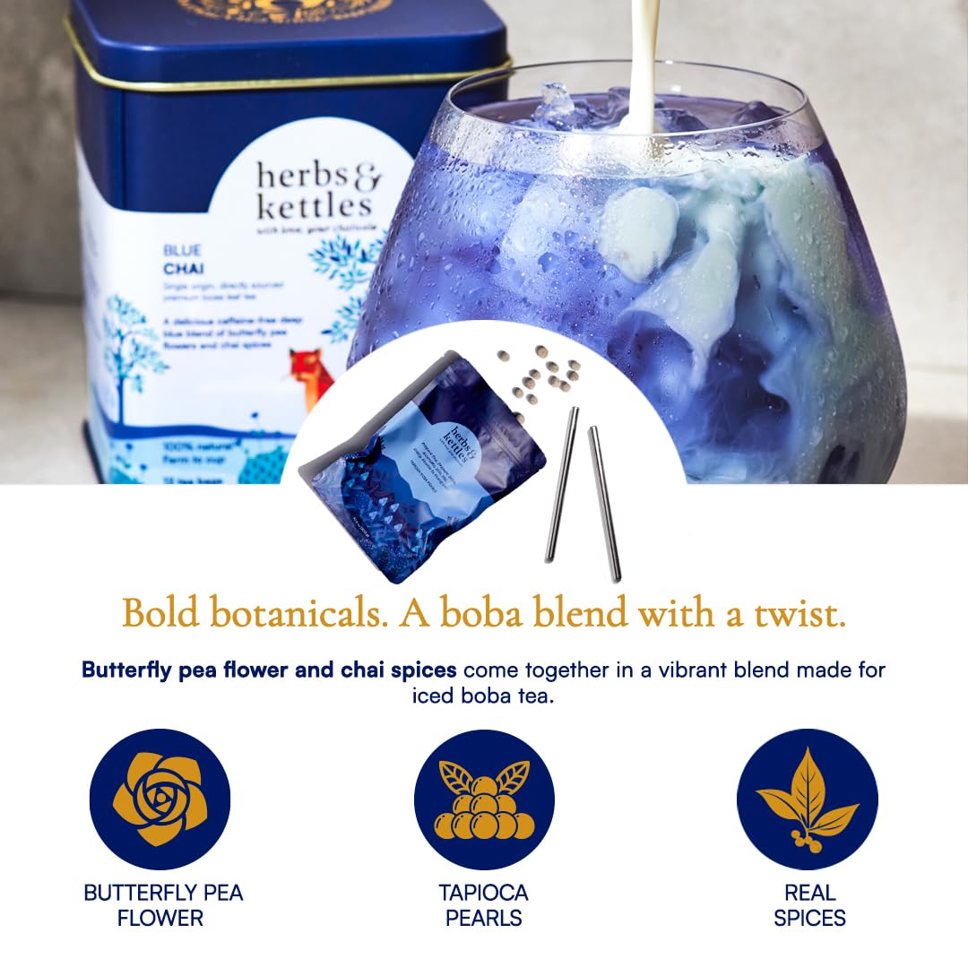 Herbs & Kettles Blue Chai Boba Kit | Butterfly Pea Flower Chai with Ginger, Cardamom, Cloves & Cinnamon + Chewy Tapioca Pearls | Complete DIY Caffeine-Free Bubble Tea Kit with Reusable Straws |