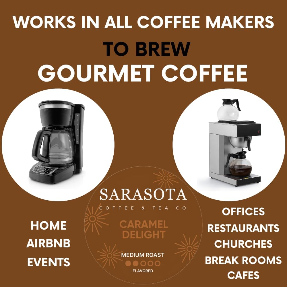 Sarasota Coffee Ground Packets | Gourmet Flavored Medium Roast Grounds Coffee Packs | Salted Caramel | Low Acid Mold Free Individual Single Pot Pouches for 12 Cup Coffee Maker | 2 Ounce Bags, 12 Count