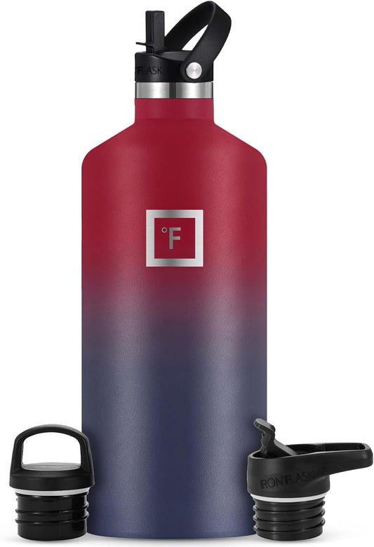 IRON °FLASK Camping & Hiking Hydration Canteens - 3 Lids (Narrow Straw Lid) Leak Proof Vacuum Insulated Stainless Steel - Hot & Cold Double Walled Sports Water Bottle - Dark Rainbow, 64 Oz