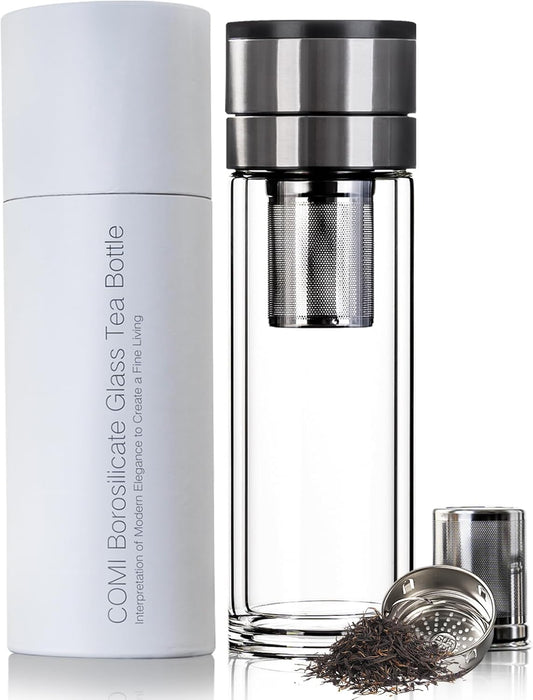 COMI Tea Bottle with Infuser,Double-Wall Glass Travel Mug with One Click Open Lid, Leak Proof Tea Infuser Bottle for Loose Leaf, Fruit & Flower Infused Drinks, Heat & Cold Resistant, Tea Gift Set