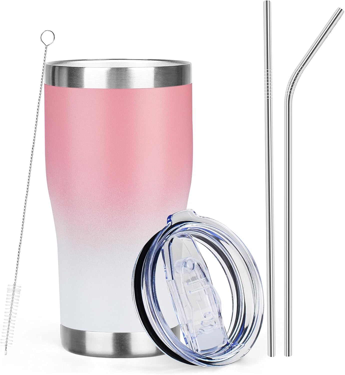 MEZMUT 20oz Coffee Tumbler with Lid and Straw Double Wall Vacuum Insulated Cup Stainless Steel Travel Mugs Insulated for Hot and Cold Leakproof Powder Coated Tumbler for Indoor and Outdoor(Pink White)